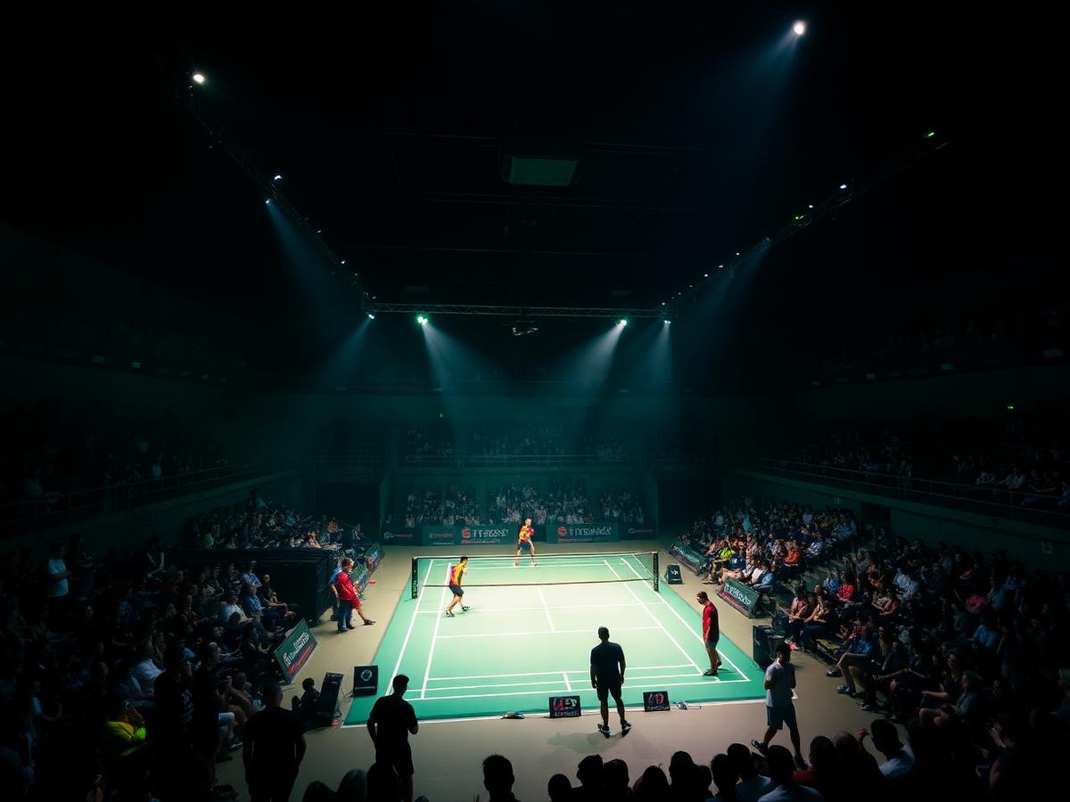 Badminton arena under tournament spotlights